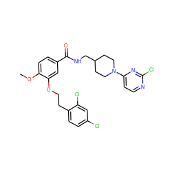 COc1ccc(C(=O)NCC2CCN(c3ccnc(Cl)n3)CC2)cc1OCCc1ccc(Cl)cc1Cl ZINC000014953556