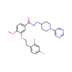 COc1ccc(C(=O)NCC2CCN(c3cncnc3)CC2)cc1OCCc1ccc(Cl)cc1Cl ZINC000013643449