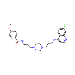 COc1ccc(C(=O)NCCCN2CCN(CCCNc3ccnc4cc(Cl)ccc34)CC2)cc1 ZINC000027628036