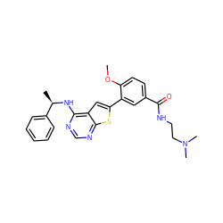 COc1ccc(C(=O)NCCN(C)C)cc1-c1cc2c(N[C@H](C)c3ccccc3)ncnc2s1 ZINC000653686893