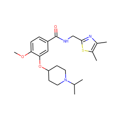 COc1ccc(C(=O)NCc2nc(C)c(C)s2)cc1OC1CCN(C(C)C)CC1 ZINC000012464855