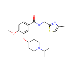 COc1ccc(C(=O)NCc2nc(C)cs2)cc1OC1CCN(C(C)C)CC1 ZINC000014974832