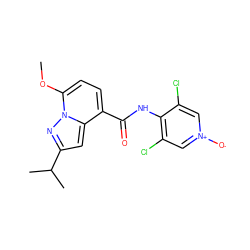 COc1ccc(C(=O)Nc2c(Cl)c[n+]([O-])cc2Cl)c2cc(C(C)C)nn12 ZINC000096933392