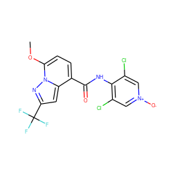 COc1ccc(C(=O)Nc2c(Cl)c[n+]([O-])cc2Cl)c2cc(C(F)(F)F)nn12 ZINC000096933415