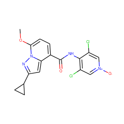 COc1ccc(C(=O)Nc2c(Cl)c[n+]([O-])cc2Cl)c2cc(C3CC3)nn12 ZINC000096933394