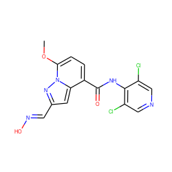 COc1ccc(C(=O)Nc2c(Cl)cncc2Cl)c2cc(/C=N/O)nn12 ZINC000096933401