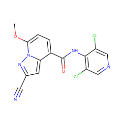 COc1ccc(C(=O)Nc2c(Cl)cncc2Cl)c2cc(C#N)nn12 ZINC000096933196