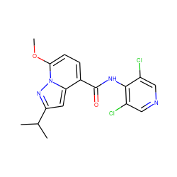 COc1ccc(C(=O)Nc2c(Cl)cncc2Cl)c2cc(C(C)C)nn12 ZINC000096933391