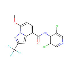 COc1ccc(C(=O)Nc2c(Cl)cncc2Cl)c2cc(C(F)(F)F)nn12 ZINC000096933402