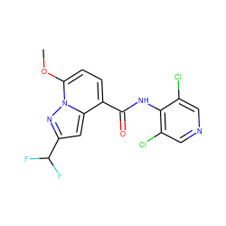 COc1ccc(C(=O)Nc2c(Cl)cncc2Cl)c2cc(C(F)F)nn12 ZINC000096933205