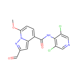 COc1ccc(C(=O)Nc2c(Cl)cncc2Cl)c2cc(C=O)nn12 ZINC000096933400