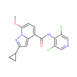 COc1ccc(C(=O)Nc2c(Cl)cncc2Cl)c2cc(C3CC3)nn12 ZINC000096933393