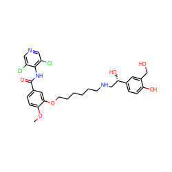 COc1ccc(C(=O)Nc2c(Cl)cncc2Cl)cc1OCCCCCCNC[C@H](O)c1ccc(O)c(CO)c1 ZINC000095586482