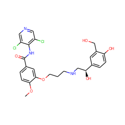 COc1ccc(C(=O)Nc2c(Cl)cncc2Cl)cc1OCCCNC[C@H](O)c1ccc(O)c(CO)c1 ZINC000095592444