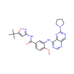COc1ccc(C(=O)Nc2cc(C(C)(C)C)on2)cc1Nc1ncnc2cnc(N3CCCC3)nc12 ZINC000148088683