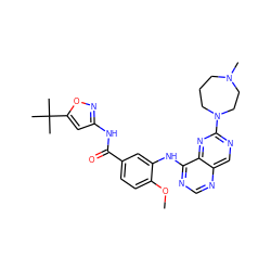 COc1ccc(C(=O)Nc2cc(C(C)(C)C)on2)cc1Nc1ncnc2cnc(N3CCCN(C)CC3)nc12 ZINC000148101319