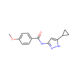 COc1ccc(C(=O)Nc2cc(C3CC3)[nH]n2)cc1 ZINC000013580436