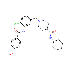 COc1ccc(C(=O)Nc2cc(CN3CCC(C(=O)NC4CCCCC4)CC3)ccc2Cl)cc1 ZINC001772628834