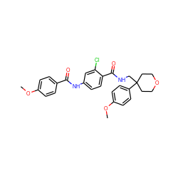 COc1ccc(C(=O)Nc2ccc(C(=O)NCC3(c4ccc(OC)cc4)CCOCC3)c(Cl)c2)cc1 ZINC000653777914