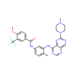 COc1ccc(C(=O)Nc2ccc(C)c(Nc3ncnc4cnc(N5CCN(C)CC5)nc34)c2)cc1C(F)(F)F ZINC000166183369