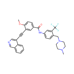 COc1ccc(C(=O)Nc2ccc(CN3CCN(C)CC3)c(C(F)(F)F)c2)cc1C#Cc1cncc2ccccc12 ZINC000222187880