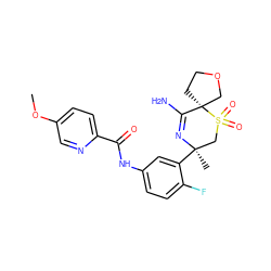 COc1ccc(C(=O)Nc2ccc(F)c([C@]3(C)CS(=O)(=O)[C@@]4(CCOC4)C(N)=N3)c2)nc1 ZINC000217753769