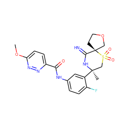 COc1ccc(C(=O)Nc2ccc(F)c([C@]3(C)CS(=O)(=O)[C@]4(CCOC4)C(=N)N3)c2)nn1 ZINC000147266876