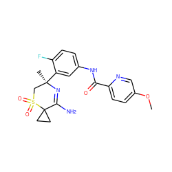 COc1ccc(C(=O)Nc2ccc(F)c([C@]3(C)CS(=O)(=O)C4(CC4)C(N)=N3)c2)nc1 ZINC000207719296