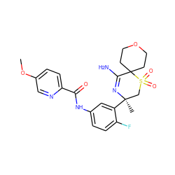 COc1ccc(C(=O)Nc2ccc(F)c([C@]3(C)CS(=O)(=O)C4(CCOCC4)C(N)=N3)c2)nc1 ZINC000217749590