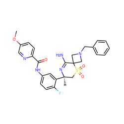 COc1ccc(C(=O)Nc2ccc(F)c([C@]3(C)CS(=O)(=O)C4(CN(Cc5ccccc5)C4)C(N)=N3)c2)nc1 ZINC000214172720