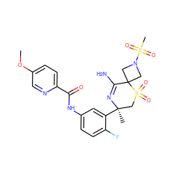 COc1ccc(C(=O)Nc2ccc(F)c([C@]3(C)CS(=O)(=O)C4(CN(S(C)(=O)=O)C4)C(N)=N3)c2)nc1 ZINC000214162291