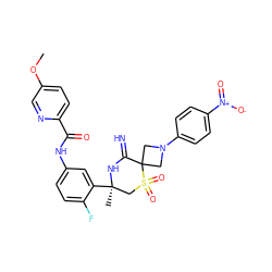 COc1ccc(C(=O)Nc2ccc(F)c([C@]3(C)CS(=O)(=O)C4(CN(c5ccc([N+](=O)[O-])cc5)C4)C(=N)N3)c2)nc1 ZINC000214172871