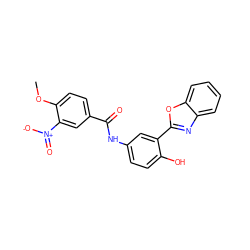 COc1ccc(C(=O)Nc2ccc(O)c(-c3nc4ccccc4o3)c2)cc1[N+](=O)[O-] ZINC000001208460