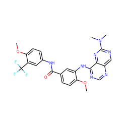 COc1ccc(C(=O)Nc2ccc(OC)c(C(F)(F)F)c2)cc1Nc1ncnc2cnc(N(C)C)nc12 ZINC000148072173