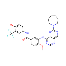 COc1ccc(C(=O)Nc2ccc(OC)c(C(F)(F)F)c2)cc1Nc1ncnc2cnc(N3CCCCCC3)nc12 ZINC000148067729
