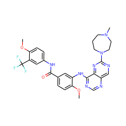 COc1ccc(C(=O)Nc2ccc(OC)c(C(F)(F)F)c2)cc1Nc1ncnc2cnc(N3CCCN(C)CC3)nc12 ZINC000148068746