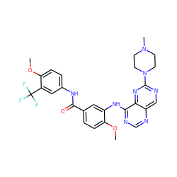 COc1ccc(C(=O)Nc2ccc(OC)c(C(F)(F)F)c2)cc1Nc1ncnc2cnc(N3CCN(C)CC3)nc12 ZINC000148069634