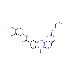 COc1ccc(C(=O)Nc2ccc(OC)c(C(F)(F)F)c2)cc1Nc1ncnc2cnc(NCCN(C)C)nc12 ZINC000148070545