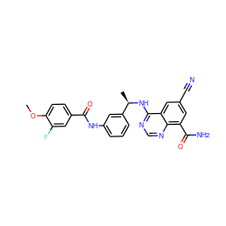 COc1ccc(C(=O)Nc2cccc([C@@H](C)Nc3ncnc4c(C(N)=O)cc(C#N)cc34)c2)cc1F ZINC000114346921