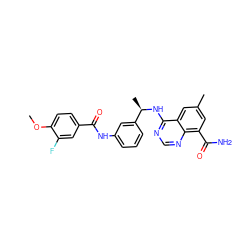 COc1ccc(C(=O)Nc2cccc([C@@H](C)Nc3ncnc4c(C(N)=O)cc(C)cc34)c2)cc1F ZINC000114347908