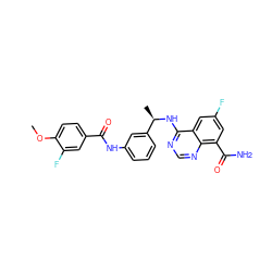 COc1ccc(C(=O)Nc2cccc([C@@H](C)Nc3ncnc4c(C(N)=O)cc(F)cc34)c2)cc1F ZINC000114349514