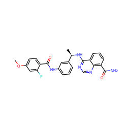 COc1ccc(C(=O)Nc2cccc([C@@H](C)Nc3ncnc4c(C(N)=O)cccc34)c2)c(F)c1 ZINC000114345822