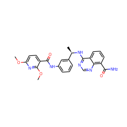 COc1ccc(C(=O)Nc2cccc([C@@H](C)Nc3ncnc4c(C(N)=O)cccc34)c2)c(OC)n1 ZINC000114345900