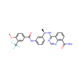 COc1ccc(C(=O)Nc2cccc([C@@H](C)Nc3ncnc4c(C(N)=O)cccc34)c2)cc1C(F)(F)F ZINC000114344237