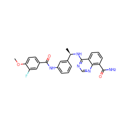 COc1ccc(C(=O)Nc2cccc([C@@H](C)Nc3ncnc4c(C(N)=O)cccc34)c2)cc1F ZINC000114343659