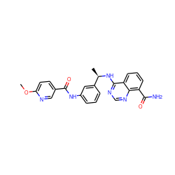 COc1ccc(C(=O)Nc2cccc([C@@H](C)Nc3ncnc4c(C(N)=O)cccc34)c2)cn1 ZINC000114346001