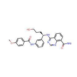 COc1ccc(C(=O)Nc2cccc([C@@H](CCCO)Nc3ncnc4c(C(N)=O)cccc34)c2)cc1 ZINC000114345955