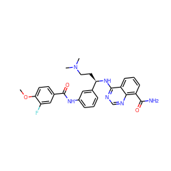 COc1ccc(C(=O)Nc2cccc([C@@H](CCN(C)C)Nc3ncnc4c(C(N)=O)cccc34)c2)cc1F ZINC000114349918