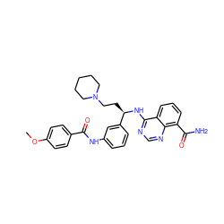 COc1ccc(C(=O)Nc2cccc([C@@H](CCN3CCCCC3)Nc3ncnc4c(C(N)=O)cccc34)c2)cc1 ZINC000114348680