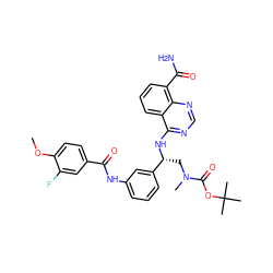 COc1ccc(C(=O)Nc2cccc([C@@H](CN(C)C(=O)OC(C)(C)C)Nc3ncnc4c(C(N)=O)cccc34)c2)cc1F ZINC000166979380